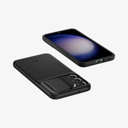 ACS05639 - Galaxy S23 Ultra Case Optik Armor in black showing the back with lens protector slot open